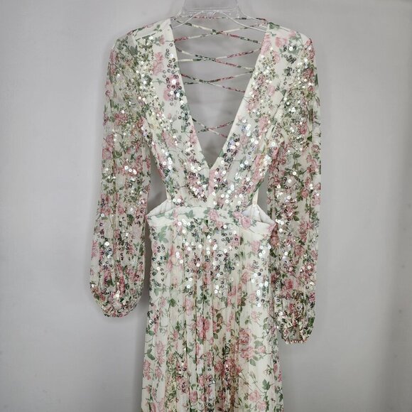 NWT Mac Duggal Sequined Floral Print Cut Out Lace Up Gown Size 6 - Picture 9 of 17